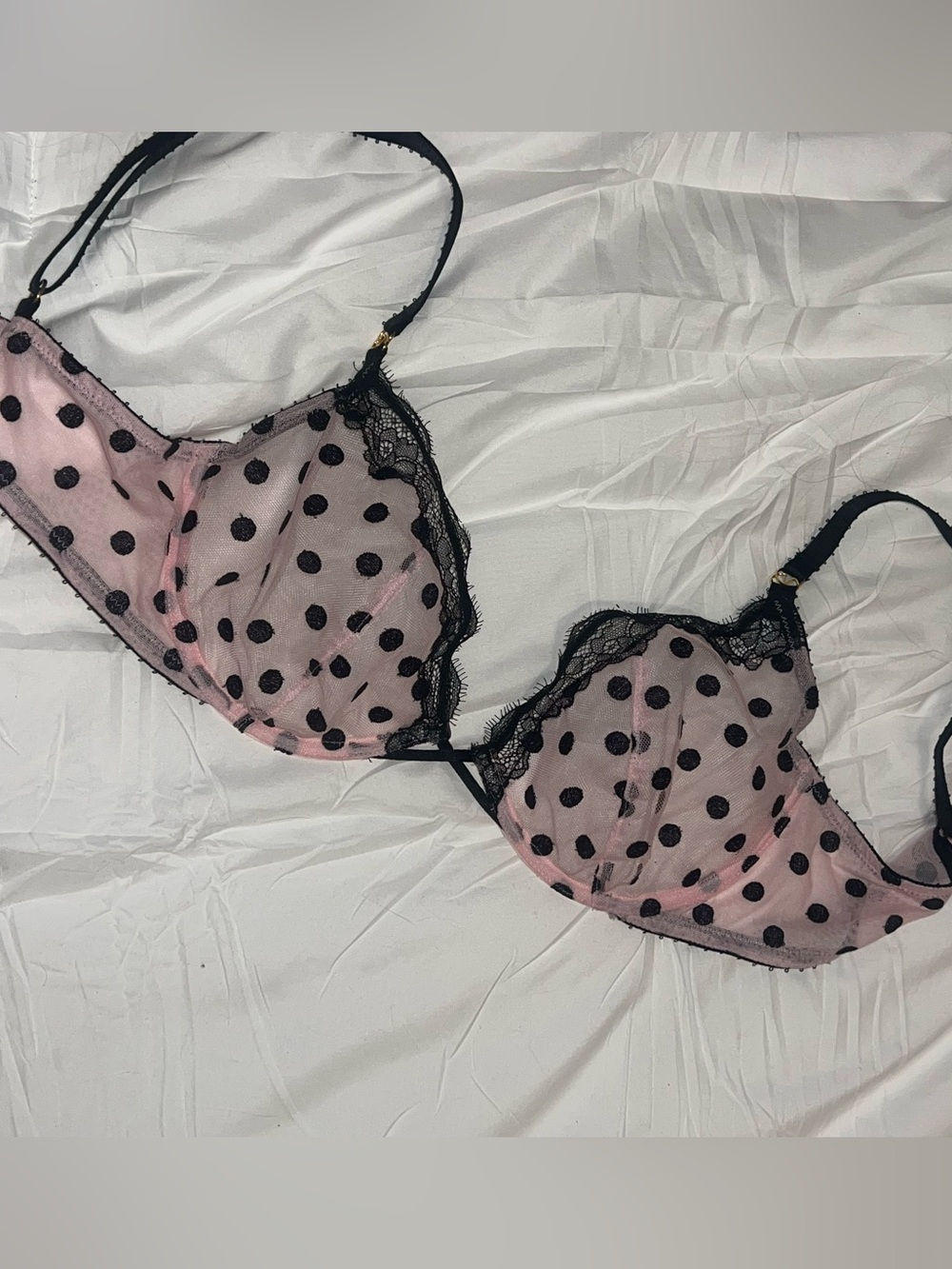 Pink And Black Polka Dot Unlined Sheer VS 34D Bra